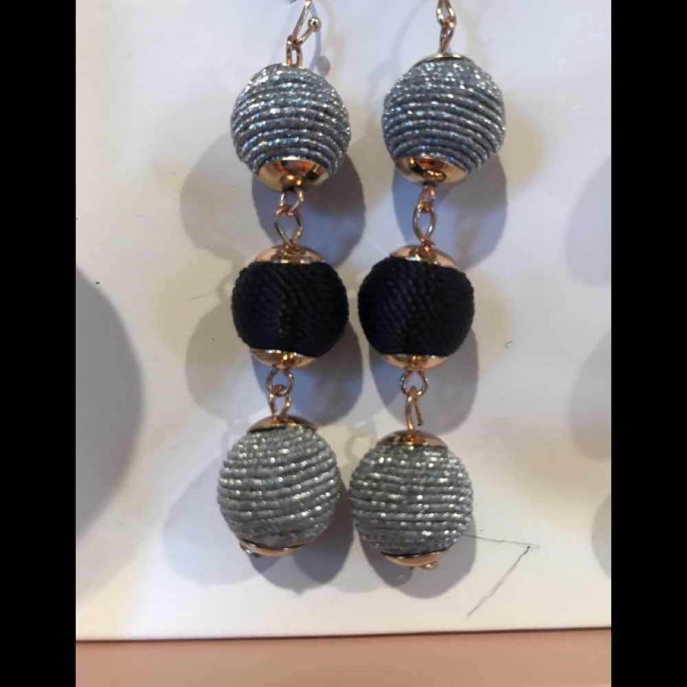 bauble platinum silver black ball tassel earrings